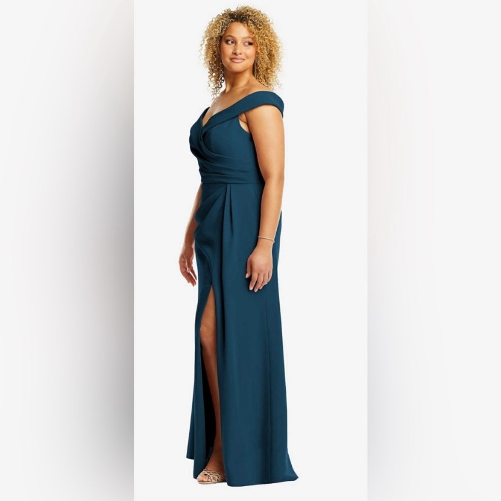 After Six - Deep Teal Atlantic Blue Off the Shoulder Crepe Gown Maxi Dress - Picture 2 of 15